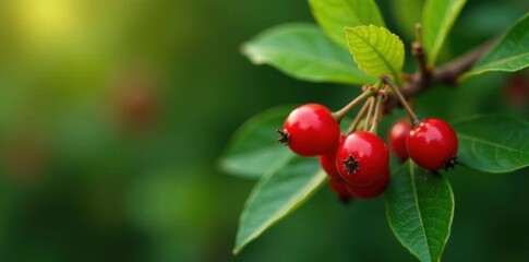 Obraz premium Small red berries on Cotoneaster coriaceus branches, green leaves, plant