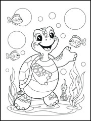 Illustration of a cute baby turtle cartoon character. Black and white Printable underwater coloring page for kids.
