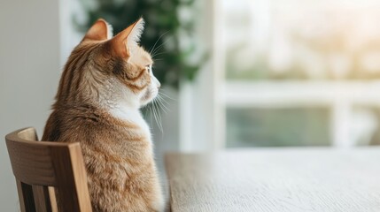 Ginger cat sitting on chair by table looking out window in cozy home