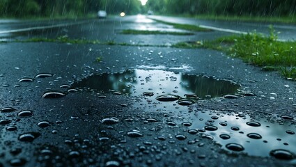 Fototapeta premium Rainy day reflections on wet asphalt puddle