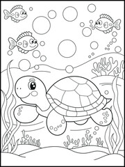 Illustration of a cute baby turtle cartoon character. Black and white Printable underwater coloring page for kids.
