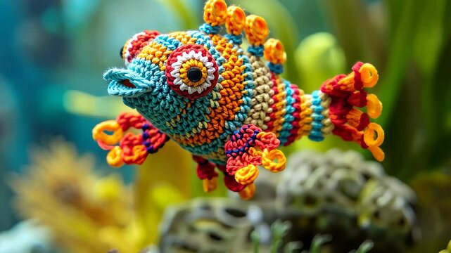 Crocheted goby toy vibrant backdrop, handcrafted and adorable, Ai Generated
