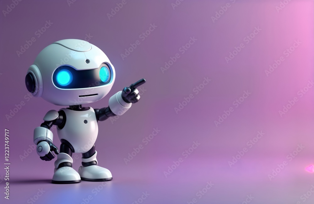 Poster Cute robot points to empty copy space. Friendly bot welcomes guest. 3D render of small robot in tech illustration. Modern tech character for future, happy, greeting design. Isolated on purple
