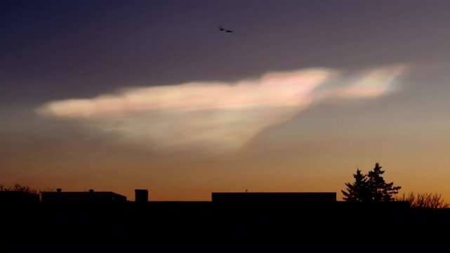 Birds flying on nacreous polar stratospheric clouds Reykjavik Iceland