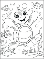 Illustration of a cute baby turtle cartoon character. Black and white Printable underwater coloring page for kids.
