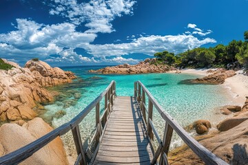 Obraz premium Wooden walkway to turquoise beach, granite rocks, sunny sky, summer vacation