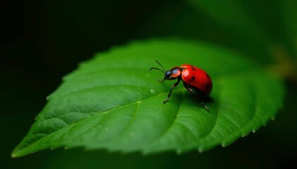 Fototapeta premium Small red bug on a large green leaf in black background, small insect, greenleaf