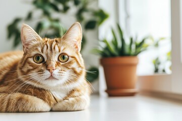 Ginger cat lying on white table in cozy home interior