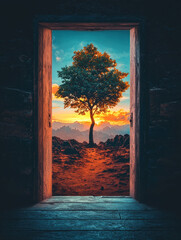 Sunset vista: solitary tree viewed through open doorway.