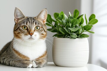 Cute cat lying on white table next to houseplant