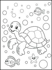 Illustration of a cute baby turtle cartoon character. Black and white Printable underwater coloring page for kids.
