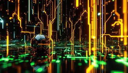 Fototapeta premium Futuristic Soccer Ball in a Digital Circuit Landscape