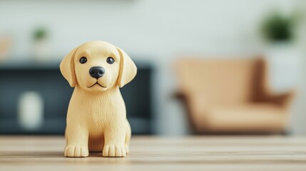 Cute puppy figurine resting on a wooden table in a cozy home interior