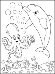 Illustration of a cute baby octopus and dolphin cartoon characters. Black and white Printable underwater coloring page for kids.
