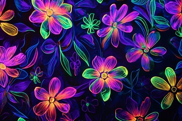 Vibrant neon floral pattern with colorful flowers on a dark background, ideal for creative designs