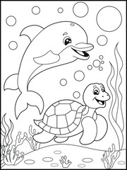 Illustration of a cute baby turtle and dolphin cartoon characters. Black and white Printable underwater coloring page for kids.
