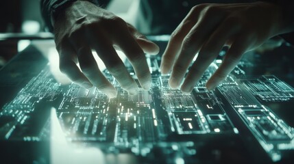 Obraz premium Closeup of a technicians hands assembling an intricate electronic prototype with circuit boards and wires spread out on a compact workstation. The focus on their concentrated expression