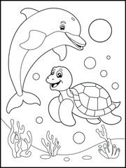 Illustration of a cute baby turtle and dolphin cartoon characters. Black and white Printable underwater coloring page for kids.
