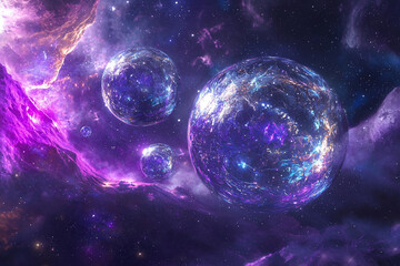 Fototapeta premium Colorful cosmic scene depicting floating orbs in a vibrant nebula with swirling galaxies in the background