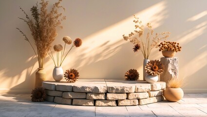 Elegant stone stage display with sunlit dried flowers
