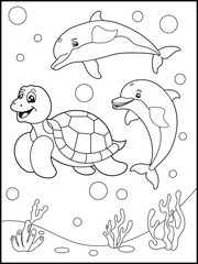 Illustration of a cute baby turtle and dolphin cartoon characters. Black and white Printable underwater coloring page for kids.

