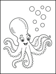 Illustration of a cute baby octopus cartoon character. Black and white Printable underwater coloring page for kids.

