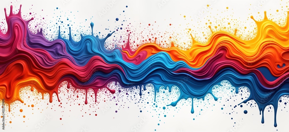 Poster Abstract colorful paint splashes flow down on white background. Vivid colors mix, drip. Dynamic wavy patterns create artistic effect. Colorful art design illustration. Vibrant colors splash in paint