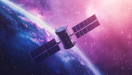 Satellite orbiting Earth, vibrant nebula backdrop.