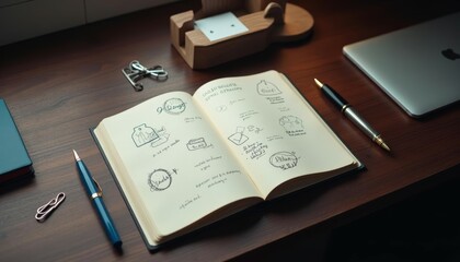 Branding Sketches in Notebook on Wooden Desk