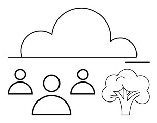 Cloud above three simple figures and a tree, combining nature and connectivity. Ideal for environment, teamwork, technology, communication, sustainability, networking, abstract line flat metaphor