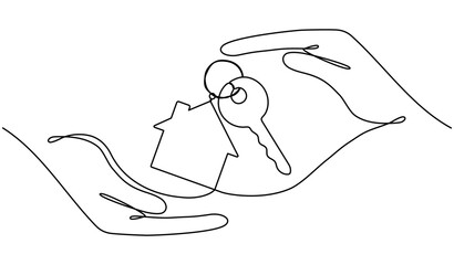 Hands hold key with house continuous one line art drawing. Real estate concept. Vector illustration isolated on white.