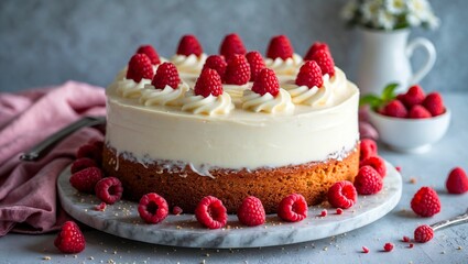 Delicious raspberry yogurt cake ready for presentation