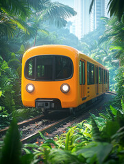 Jungle Train Journey: Orange railcar on tracks through lush tropical foliage.