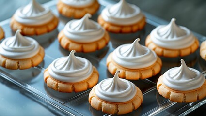 Delicate french vanilla meringue cookies on clear table