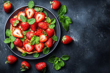 Strawberry pancake topped with fresh mint and berries.