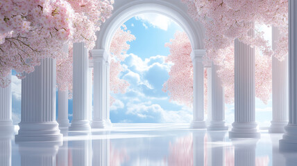 桜が彩る白いアーチと青空