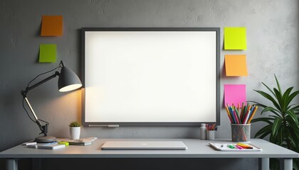 Modern Workspace with Blank Whiteboard and Laptop