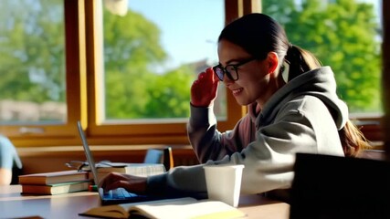 Female college student studying and completing assignments on her laptop