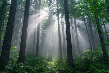 Obraz premium Sunlight filtering through tall trees in a serene forest, creating a mystical atmosphere with lush greenery