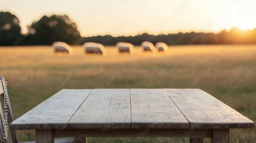 Poster empty wooden table in idyllic farm setting with grazing sheep at sunset