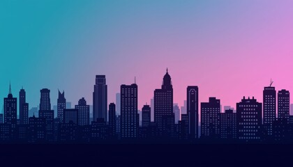 Fototapeta premium Silhouette Cityscape at Sunset Pink and Blue Sky