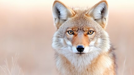 Naklejka premium Coyotes in prairie, alert gaze, blurred background, wildlife photography for nature documentaries