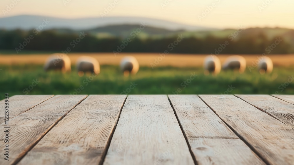 Poster empty wooden table with sheep grazing in background at sunset