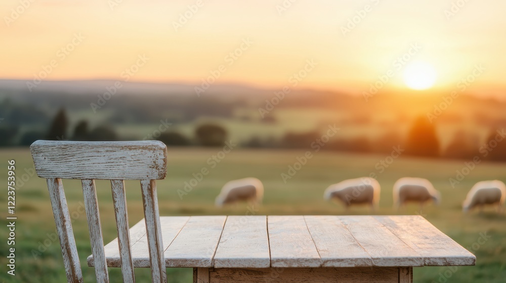 Poster empty table and chair overlooking sheep grazing in a field at sunset