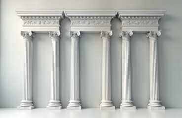 Obraz premium White classical pillars with decorative capitals stand in empty room. Ornate details, vintage style create elegant architectural scene. Columns detailed, symmetrical. Setting evokes sense of history,