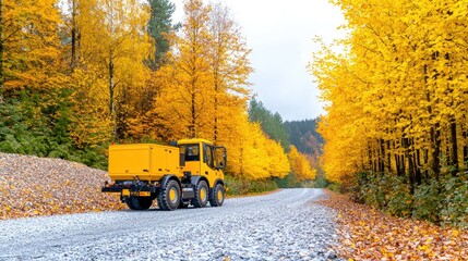Yellow utility truck on gravel road, autumn forest.  Construction, transport, nature