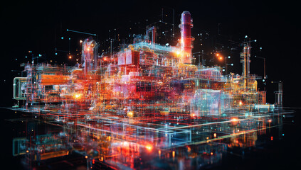 Digital rendering of an industrial complex, illuminated with vibrant, interconnected lines.