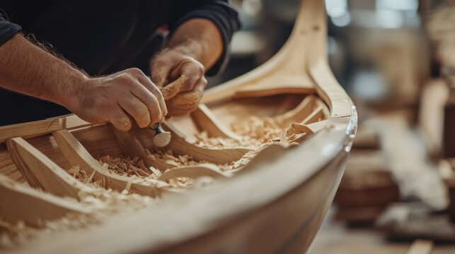 A close-up shot of a carpenter crafting intricate woodwork for a luxury yacht interior, Yacht interior carpentry scene, Artisanal and detailed style