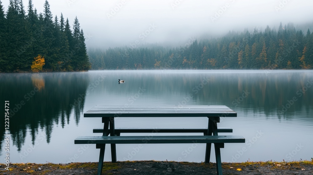 Aufkleber empty picnic table overlooking serene lake with ducks swimming in the mist