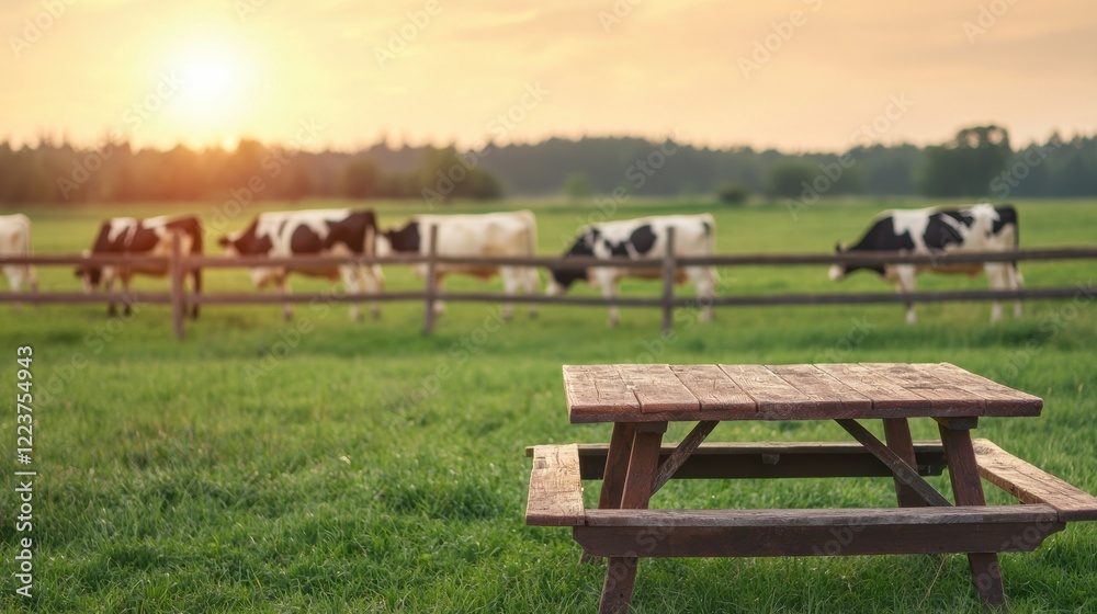Poster empty picnic table inviting to a meal on a farm with grazing cows at sunset